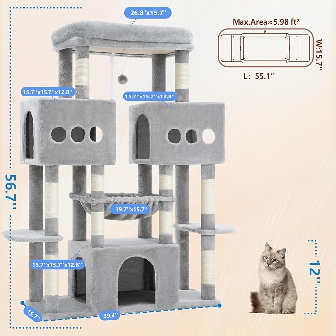 Hey-brother Cat Tree Tower, Large Sisal Scratching Posts with Big Platform, 3 Spacious Condos, Plush Hammock, Toy, 57.5 Inches Multi-Level Furniture for Indoor Adults Maine Coon, Light Gray MPJ083W