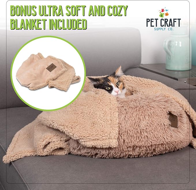 Pet Craft Supply Ultra Plush Calming Anti-Anxiety Pet Bed - Includes Super Soft Comfort Blanket - Great Medium Dog Bed Small Dog and Cat Bed;Cream