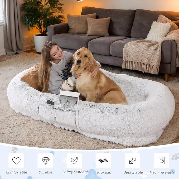 Human Dog Bed for Adults, 71"x45"x14" Giant Fluffy Dog Bed for Humans, Washable Faux Fur Napping Bed, Orthopedic Human Pet Bed with Non-Slip Bottom