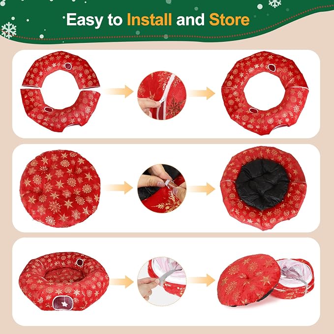 Cat Tunnel Bed for Indoor Cats, XL Christmas Tree Skirts Washable Warm Soft Indoor Cat Donut Tunnel, Multifunctional Cat Interactive Playground Toys for Felines Pet Christmas Tree Decoration