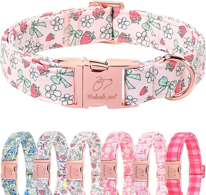 Pink Girl Dog Collar, Sweet Strawberry Spring Summer Dog Collars, Vintage Bow Puppy Collar, Adjustable Heavy Duty Pet Collar for Small Medium Large Dogs with Metal Buckle S