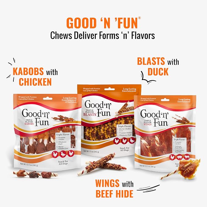 Good 'n' Fun Triple Flavor Wings Chews for All Dogs, 12 Ounces, Treat Your Dog to Long-Lasting Chews Made from Chicken, Pork Hide and Beef Hide (3-Pack)