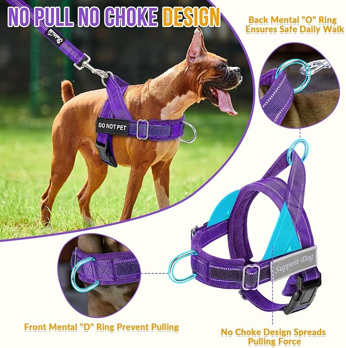 SlowTon No Pull Dog Harness - Heavy Duty Dog Harness and Leash Set for Medium Large Dogs, Reflective Tactical Harness with Soft Padded and Front Clip for Easy Walk and Training (Purple, S)