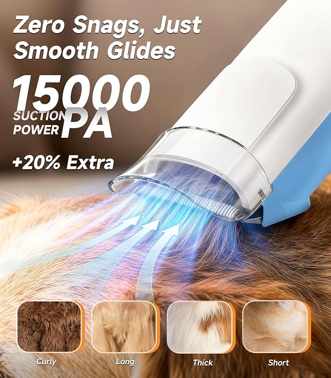 buenkee Dog Grooming Kit with Vacuum, 15000Pa Pet Hair Clipper and Shedding Brush, 50dB Low Noise, 2L Capacity, Blue