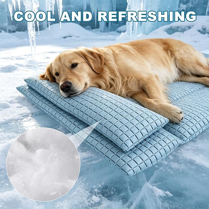 GOLOPET Extra Large Dog Cooling Mat with Pillow, 47x30in | Polymer Ice Silk Fabric,Upgrade The Heat Dissipation Structure,Soft PP Cotton Filling Material