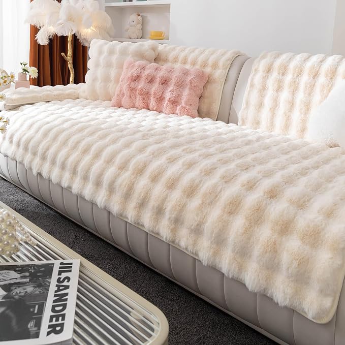 Faux Fur Couch Cover, Soft Warm Plush Sofa Couch Cover, Non Slip Sectional Sofa Slipcovers for L Shaped, Washable Furniture Protector for Kids, Dogs(White, 36"x 63")