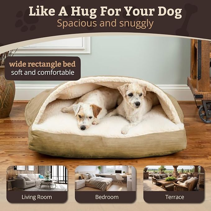 Snoozer Rectangle Cozy Cave Dog Bed - Indoor Dog Bed with Cover Cave, Covered Calming Burrow for Medium & Large Sized Pets with Blanket Attached, Enclosed, Washable Cover - Large, Khaki