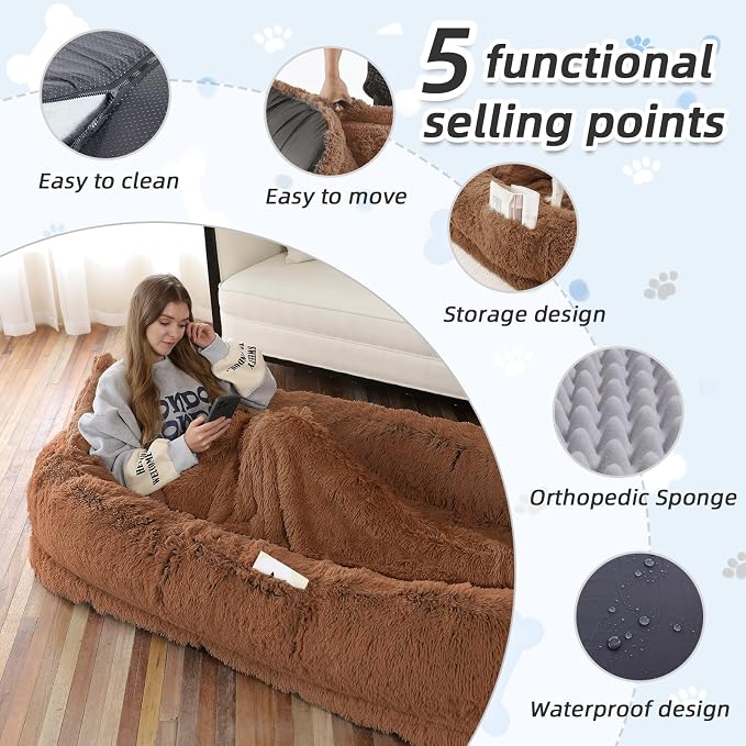 Human Dog Bed, 71''x45''x12'' Size Fits You and Pets, Washable Faux Fur Pet Bed for People Doze Off, Napping Orthopedic Dog Bed, Present Plump Pillow, Blanket, Strap - Brown