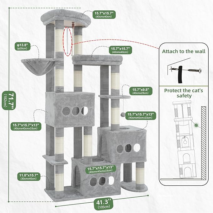 Gitelsnour Sturdy Cat Tree with 3 Large Cat Condos, 3 Platfroms, 71.7'' Cat Tree Tower for Indoor Cats Large Adult, Heavy Duty Cat Tower with 10 Scratching Posts for 20 lbs+Cats, Light Gray GCT036W