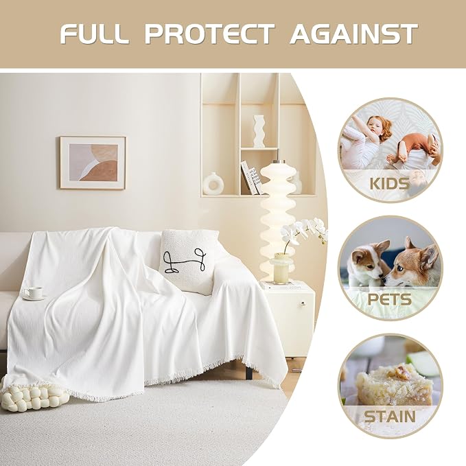 MEETSKY White Couch Cover - 91 Inch Large Couch Slipcover with Tassel Edge, Washable Pet Sofa Cover for Dogs & Cats