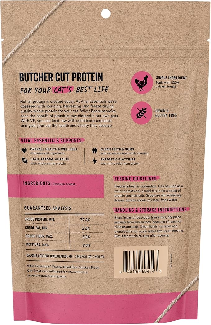 Vital Essentials Freeze Dried Cat Treats | Chicken Breast, Single Ingredient | Premium Quality | Grain Free, Healthy Treats for Cats, 4 oz Bag