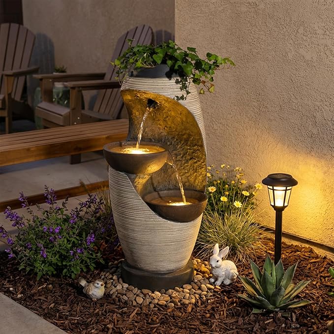 Bumilgar 2-Tier Bowl Water Fountain with LED Lights, 27.95" Tall Freestanding Outdoor & Indoor Garden Waterfall Fountain for Yard, Patio, Backyard, Floor Standing Home Decor