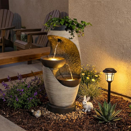 Bumilgar 2-Tier Bowl Water Fountain with LED Lights, 27.95" Tall Freestanding Outdoor & Indoor Garden Waterfall Fountain for Yard, Patio, Backyard, Floor Standing Home Decor
