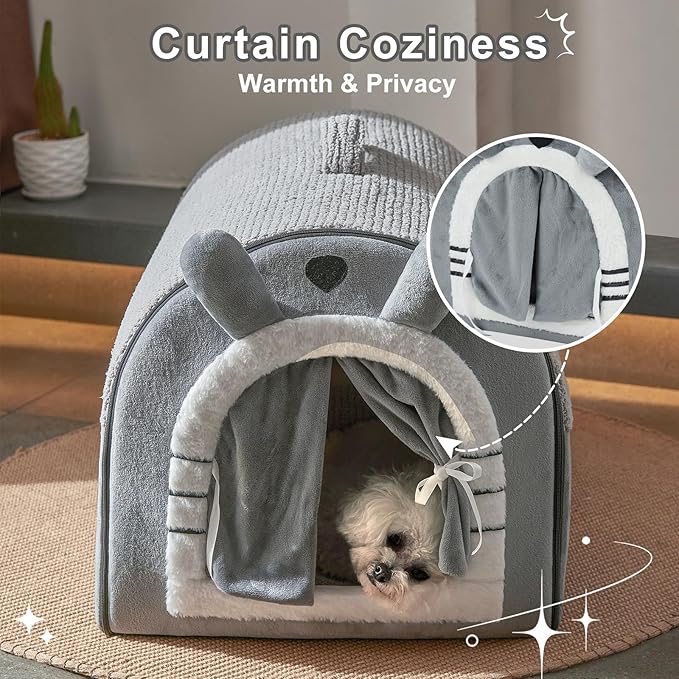 Jiupety Small Dog House Indoor, Cat House with Door Curtain Design, Puppy House with Reversible Washable Cushion, M Size Portable Pet Cave for 7-13 lb Cats and 5-11 lb Dogs, Non-Slip Bottom, Grey