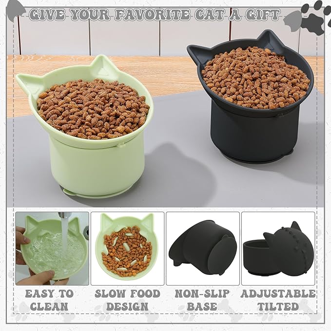 2 Pack Slow Feeder Cat Bowls, Silicone Tilted Raised Pet Bowl with Non Slip Base for Digestion Anti Vomit, Black, Green