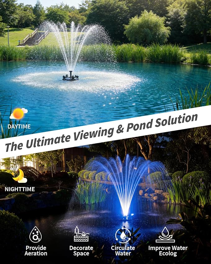 POPOSOAP Floating Fountain with LED Lights, Pond Fountain and Aerator Complete Kit with 1200GPH Water Pump 30FT Power Cord, 3 Spray Styles for Ponds, Pool, Lakes & Water Gardens P145