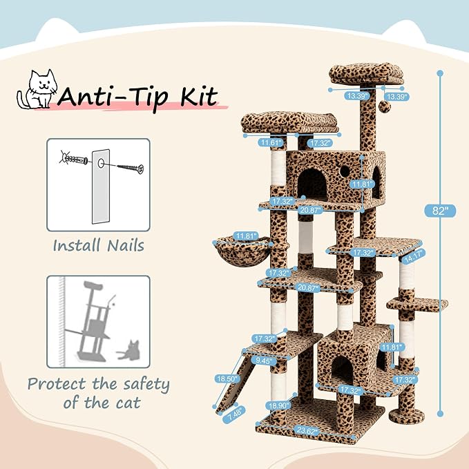SHA CERLIN 82 inch, Multi-Level Cat Tree Tower for Indoor Cats, Cat Condo with Sisal Scratching Posts, Plush Perches, Hammocks, Toy Balls, Leopard Print