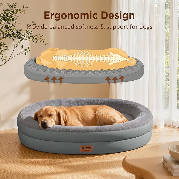 Orthopedic Dog Bed for Large Dogs, Waterproof Dog Bed for Large Size Dogs with Bolsters, Egg Crate Foam Sofa Bed with Washable Removable Cover & Non-Slip Bottom, Grey