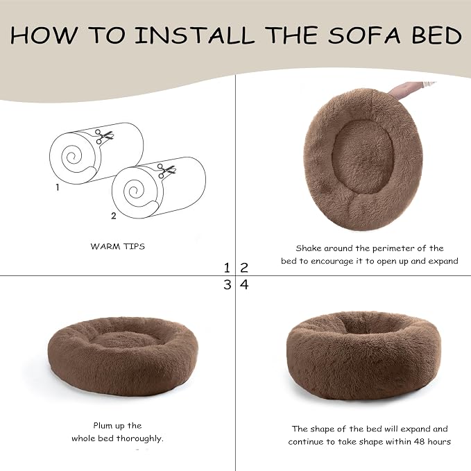 Bunlitent 39'' inch Calming Dog Bed, Plush Anti-Anxiety Donut Dog Bed for Medium Large Dogs, Warming Cozy Soft Cute Round Washable, Marshmallow Cuddler Nest Pet Bed, Brown