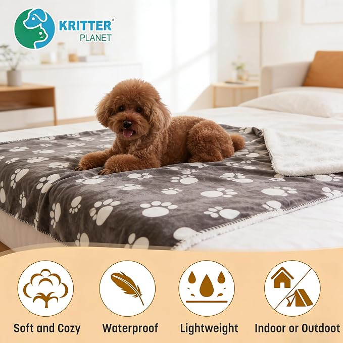 Kritter Planet Waterproof Pet Blanket - Soft Sherpa Dog Blanket, Washable Leakproof Blanket for Pets, Waterproof Pad for Dogs & Cats