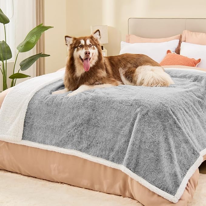 ChiXnuggle Waterproof Dog Blankets for Large Dogs, Reversible Faux Fur & Sherpa Washable Pet Blanket, Soft Pet Throw for Couch Bed Protection, 60"x80", Light Grey