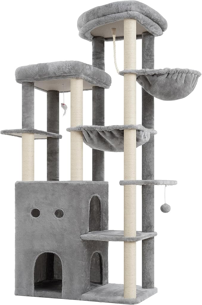 Heybly Cat Tree, 69.7 inches Secure Anti-Tip Cat Tower for Large Cats, Expansive Cat Furniture with Dual-Tier Cat Condo Villa, 2 Top Perches, Hammock & Full Sisal Scratching Posts, Light Gray HCT065W