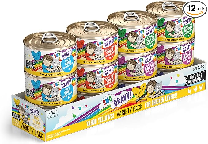 Weruva B.F.F. OMG - Best Feline Friend Oh My Gravy, Yahoo Yellows Variety Pack, 2.8oz Can (Pack of 12)