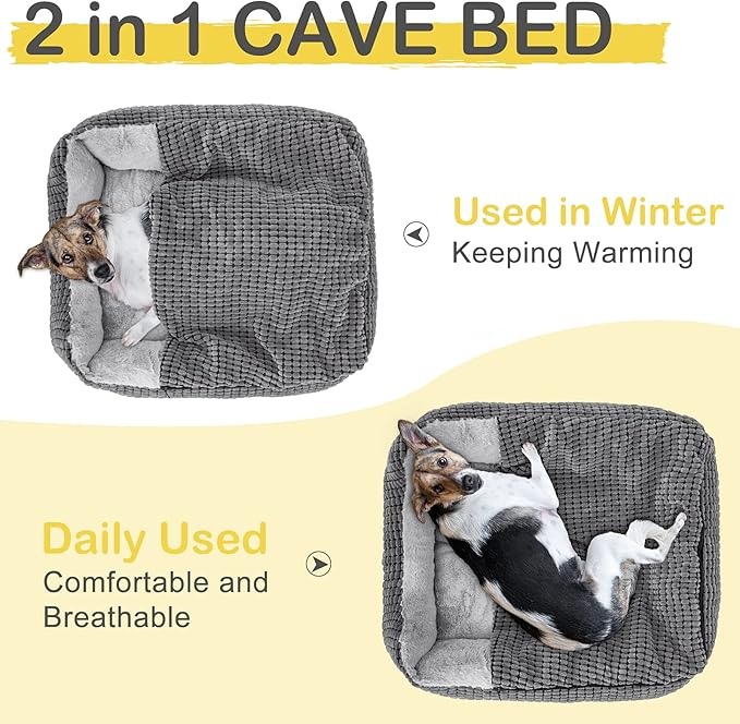 GASUR Dog Beds for Large Medium Small Dogs, Rectangle Cave Hooded Blanket Puppy Bed, Luxury Anti-Anxiety Orthopedic Cat Beds for Indoor Cats, Warmth and Machine Washable (35 inches, Grey)