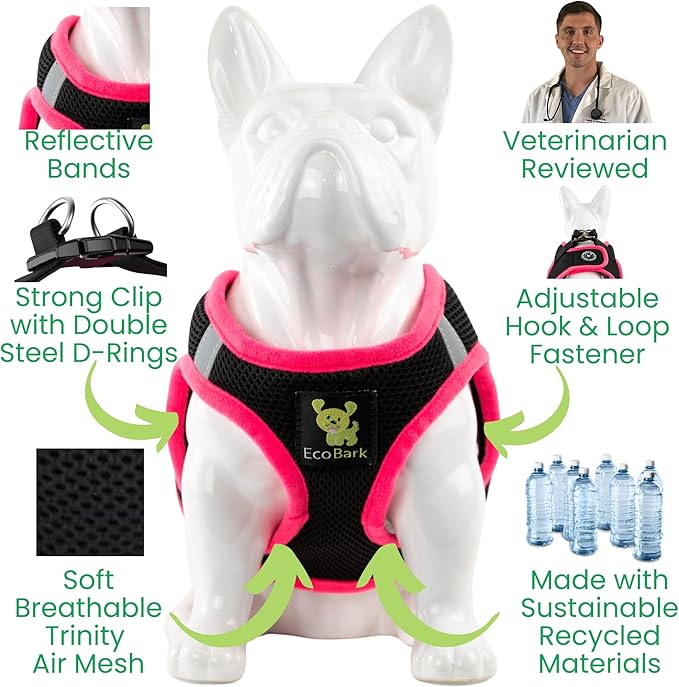 EcoBark Step in Dog Harness - Eco-Friendly Dog Harnesses for for Small & Medium Breed Dogs - Reflective and Adjustable Chest Body Halter Vest -Soft Luxurious Mesh (Black and Pink, XL)