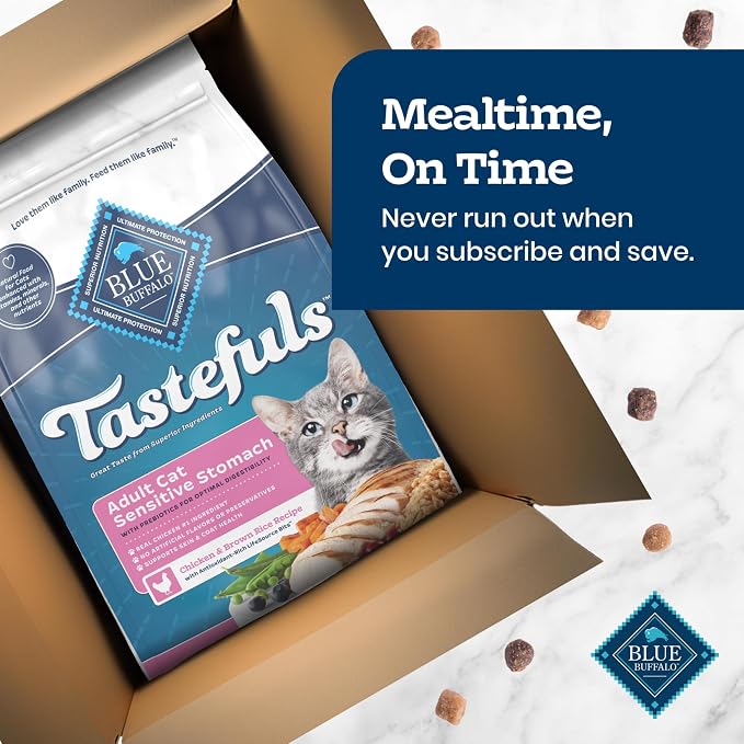 Blue Buffalo Tastefuls Chicken & Brown Rice Recipe Sensitive Stomach Adult Dry Cat Food, Real Chicken First, Deliciously Healthy Natural Cat Food, Natural Ingredients, Supports Digestion, 3-lb Bag