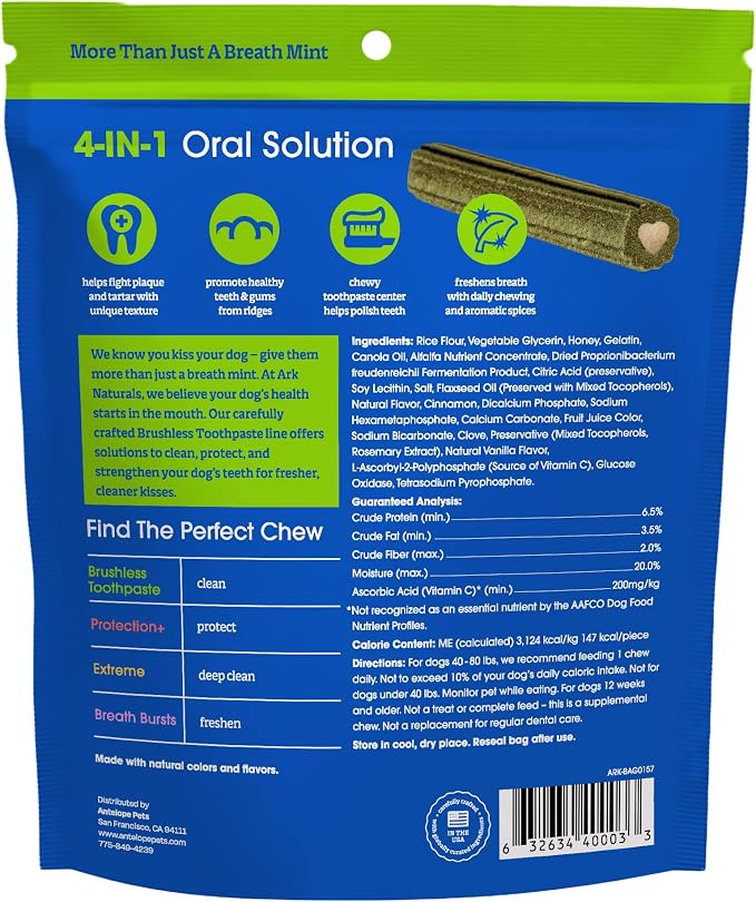 ARK NATURALS Brushless Toothpaste, Dog Dental Chews for Large Breeds, Freshens Breath, Helps Reduce Plaque & Tartar, 18oz, 1 Pack