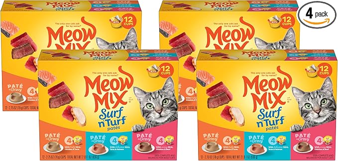 Meow Mix Paté in Gravy Wet Cat Food Variety Pack, Surf n’ Turf Patés 2.75 Ounce (Pack of 48)