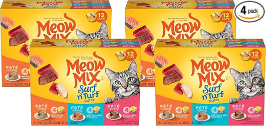 Meow Mix Paté in Gravy Wet Cat Food Variety Pack, Surf n’ Turf Patés 2.75 Ounce (Pack of 48)