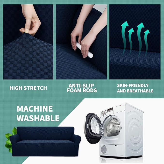 YEMYHOM Couch Cover Latest Jacquard Design High Stretch Sofa Covers for 3 Cushion Couch, Pet Dog Cat Proof Slipcover Non Slip Magic Elastic Furniture Protector (Large, Navy)