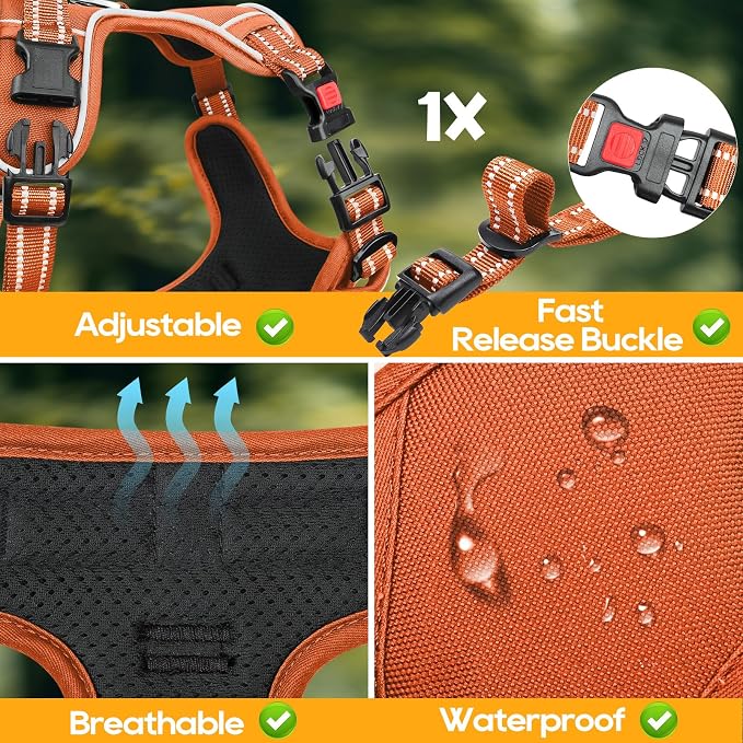 Timos Dog Harness Small Sized, No Pull Pet Harness with Neck Lockable Snap, No Choke Front Clip Reflective Vest, Adjustable Metal Rings 3 Buckles, Easy Control Handle for Small Dogs Pumpkin Orange S