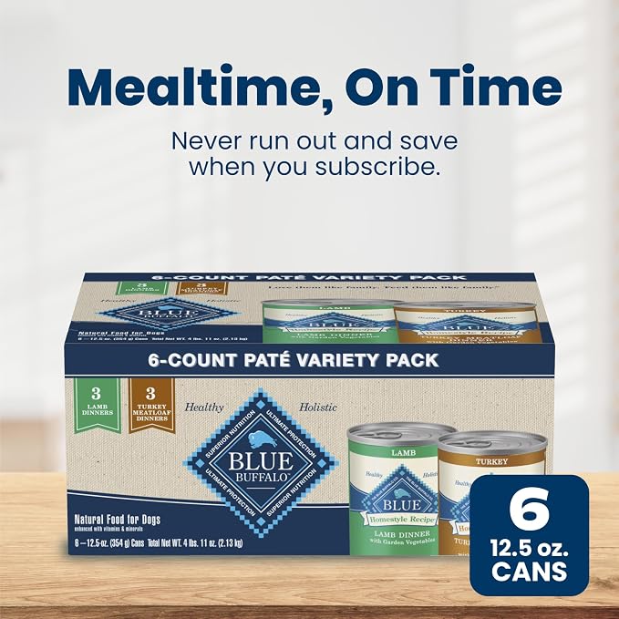 Blue Buffalo Homestyle Recipe Wet Dog Food Paté Variety Pack, Turkey Meatloaf Dinner & Lamb Dinner with Garden Vegetables, Made with Natural Ingredients, 12.5-oz. Can (6 Count, 3 of Each)