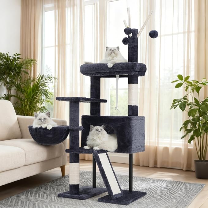 Gitelsnour Cat Tree for Indoor Cats, Cat Tower with Scratching Post for Small Cats and Kittens, Cat House with Removable Top Platform and Fluffy Balls, Hanging Cat Basket, Smoky Gray GCT006SG