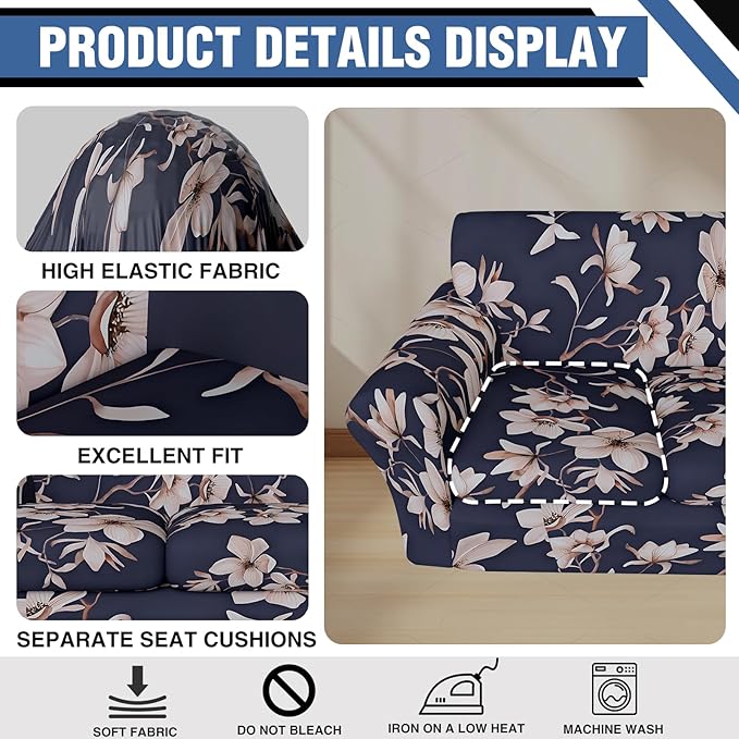 Stretch Couch Covers for 3 Separate Cushion Couch Sofa,Floral Printed Couch Sofa Cover,Washable Sofa Slipcover,Pet Friendly Furniture Protector with Elastic Bottom,Universal Fit for Home(Sofa,Cover)