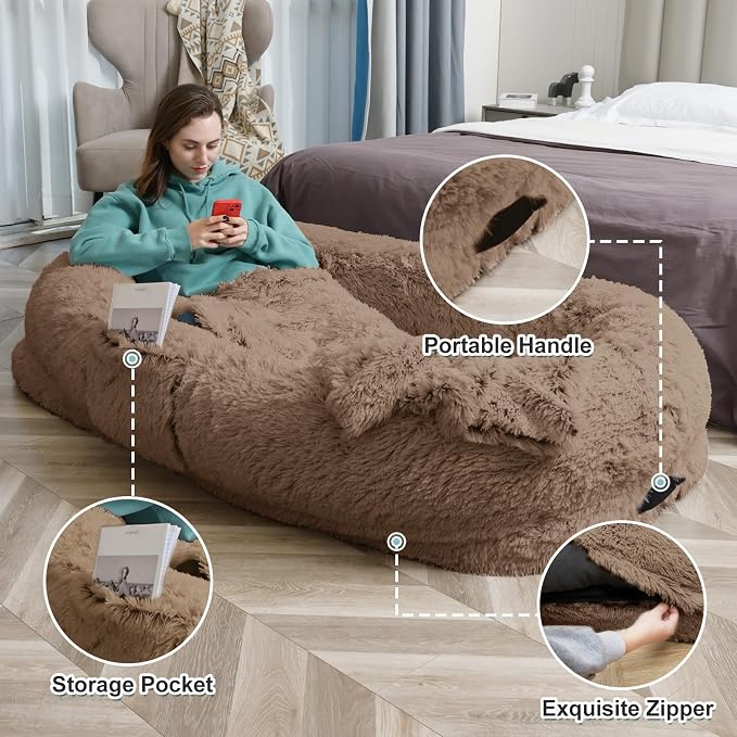YAEM Human Dog Bed for Adult and Pets - 71"x45"x12" Dogs Beds for Humans with Washable Faux Fur Cover, Plump Pillow, Blanket, Orthopedic Design, Strap-Khaki