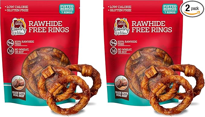 Country Kitchen Rawhide Free Beef Rings Dog Chews,Made with Real Beef,Highly Digestible,Gluten Free,7 Count (Pack of 2)