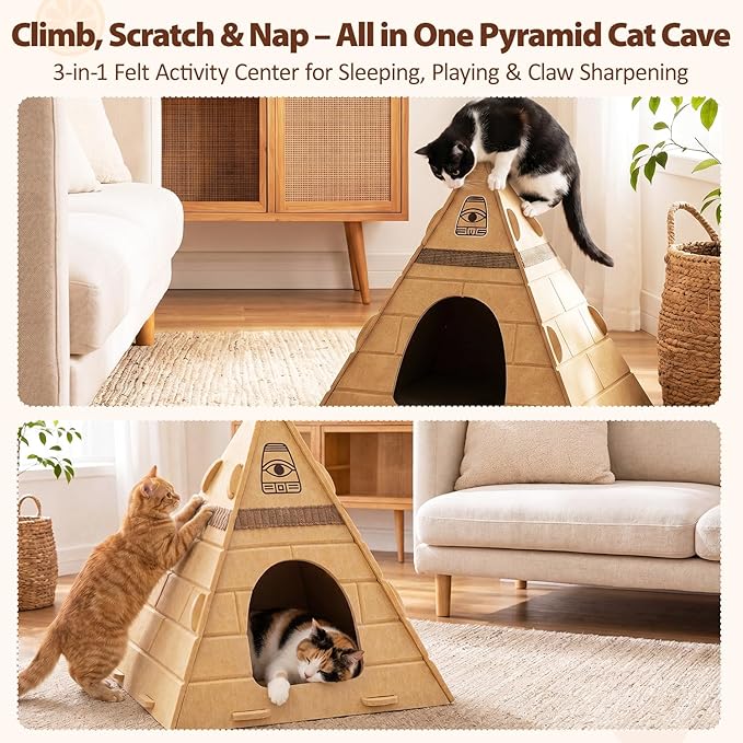 Cat House for Indoor Cats, Scratch-Resistant Cat Cave Bed, Felt Cat Scratch House Hideaway with Pharaoh Headdress, 17x17x20