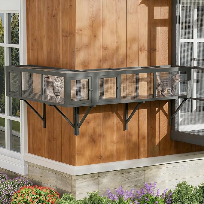 Outdoor Cat Tunnel with Extendable Design, Catio Enclosure Window Box Connecting Inside and Outside，Expandable Space and Channels, Paradise for Sunbathing and Running (Grey, 1-Pack)