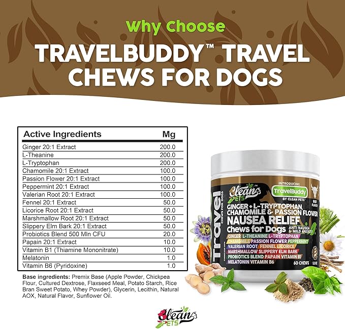 Clean Pets Travel Chews Nausea Relief for Dogs | Ginger L-Tryptophan Chamomile Passion Flower L-Theanine Peppermint Valerian Root Fennel Licorice Root Marshmallow Root Slippery Elm Melatonin Chew
