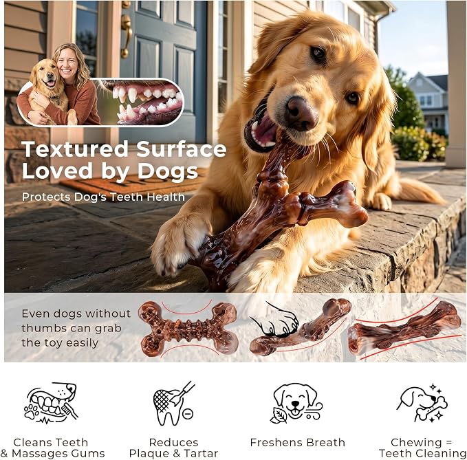 Kseroo 3-Pack Indestructible Dog Chew Toys for Aggressive Chewers: Bacon Flavored Rock-Hard Solid Nylon, Tough Dog Bones for Medium/Large Dogs 25-90lbs, Heavy Duty Dog Toys to Keep Them Busy, Brown-XL
