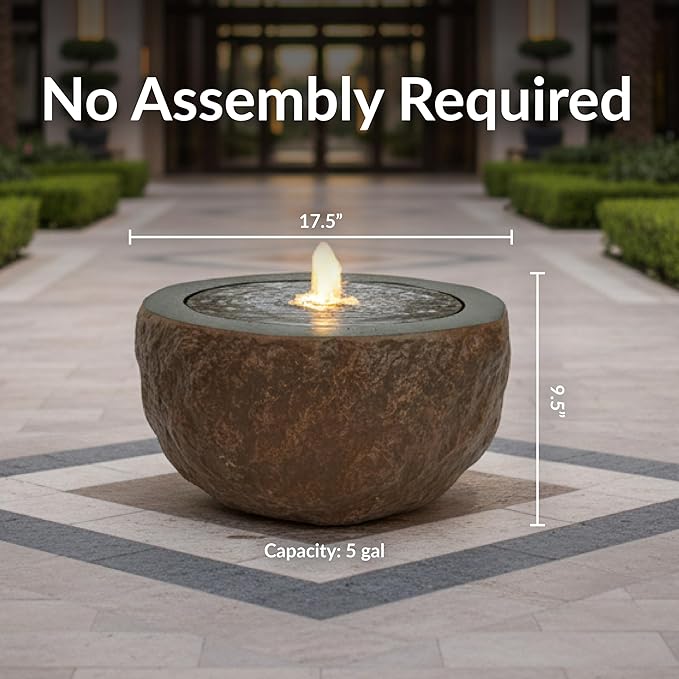 Sunnydaze Outdoor Water Fountain with LED Light - Polystone Round Bowl Bubbler Water Feature with Pump - 9.5" H - for Patio, Garden, Deck, Relaxation and Stress Relief - Brown