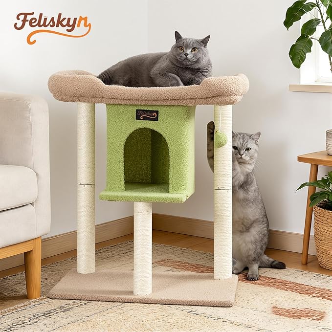 Cat Tree Tower Scratching Post for Indoor Large Cats, Small Cat Tree with Big Perch Bed, 28in Tall Trees House with Condo Cave, Toy Balls, Modern Climbing Furniture Platform for Kitten (Green)