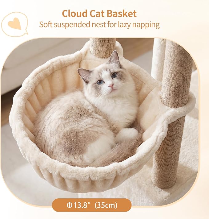 Heybly Cat Tree, 59.4" Secure Anti-Tip Cat Tower for Large Cats, Spacious Cat Furniture with Dual-Tier Cat Condo, 2 Top Perches, Hammock and Sisal Scratching Posts, Beige HCT055MJ