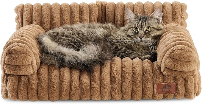 Hollypet Fluffy Dog Cat Bed Pet Couch Beds Plush Soft Warming Machine Washable Puppy Bed with Non-Slip Bottom for Cats and Small Medium Dogs up to 25 lbs, Brown, 24" L x 18" W x 10" Th