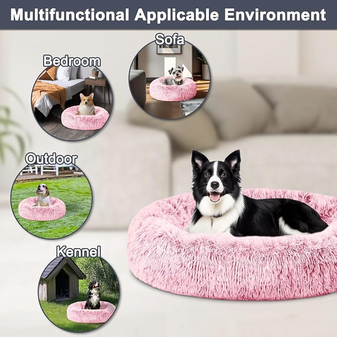 ELSKER&HOME Calming Dog Bed,Donut Washable Warming Soft Round 39 inches Dog Beds for Large Dogs,Anti-Anxiety Fluffy Plush Cushion Bed Fits up to 120 lbs Pets,Pink