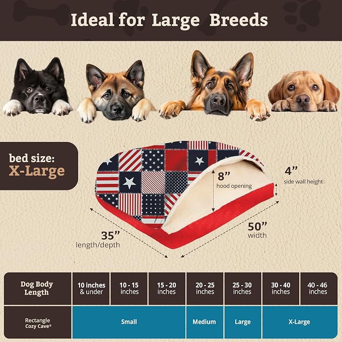Snoozer Rectangle Cozy Cave Dog Bed - Indoor Dog Bed with Cover Cave, Covered Calming Burrow for Large Sized Pets with Blanket Attached, Enclosed, Washable Cover - XL, Starpatch Red Diamond